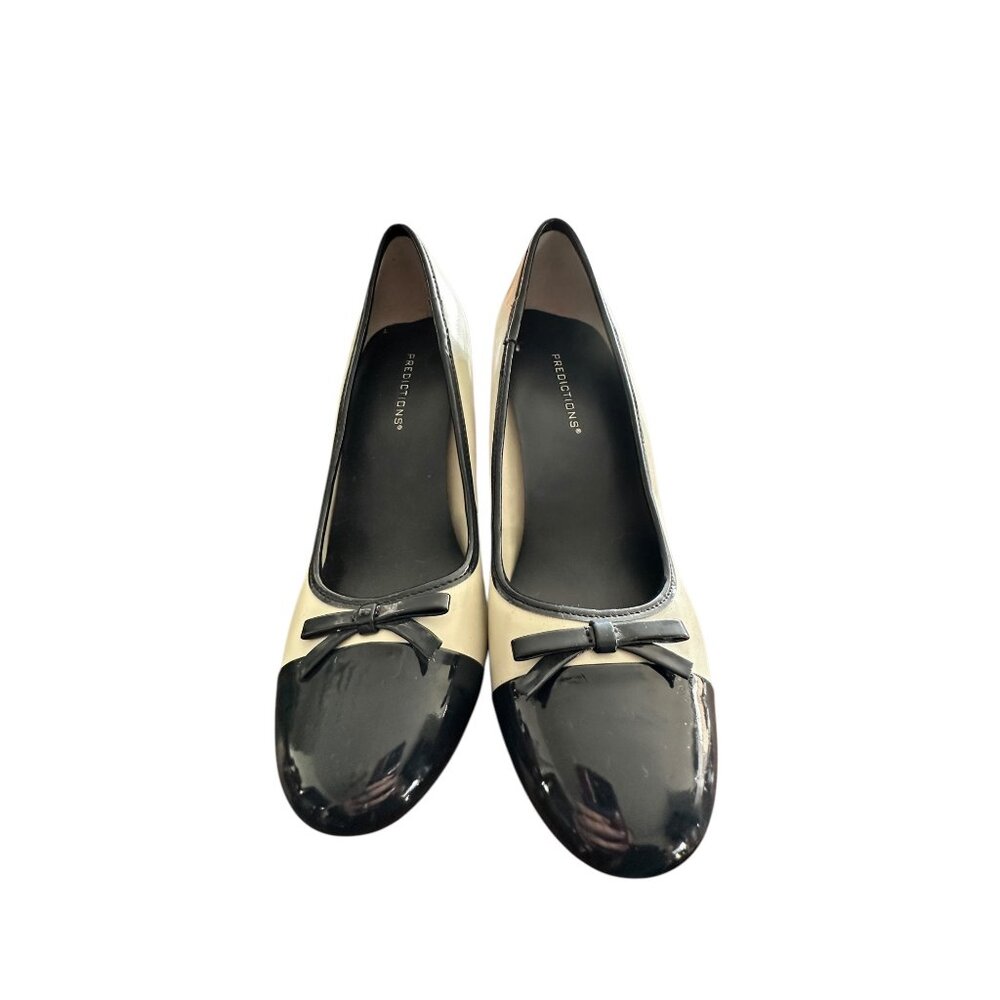 Black & Ivory Predictions Womens Heels Size 6w Round Toe Faux Leather Bow Detail